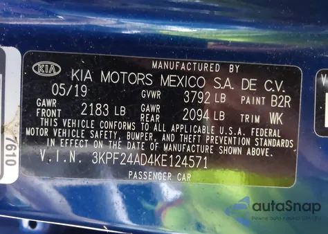 2019 Kia Forte Lxs from USA, damaged, VIN 3KPF24AD4KE124571